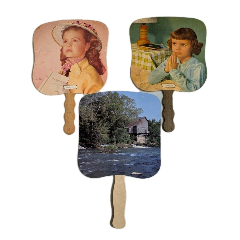 Lot of 3 Vintage & Collectible Hand Fans - Church Funeral Home Advertising